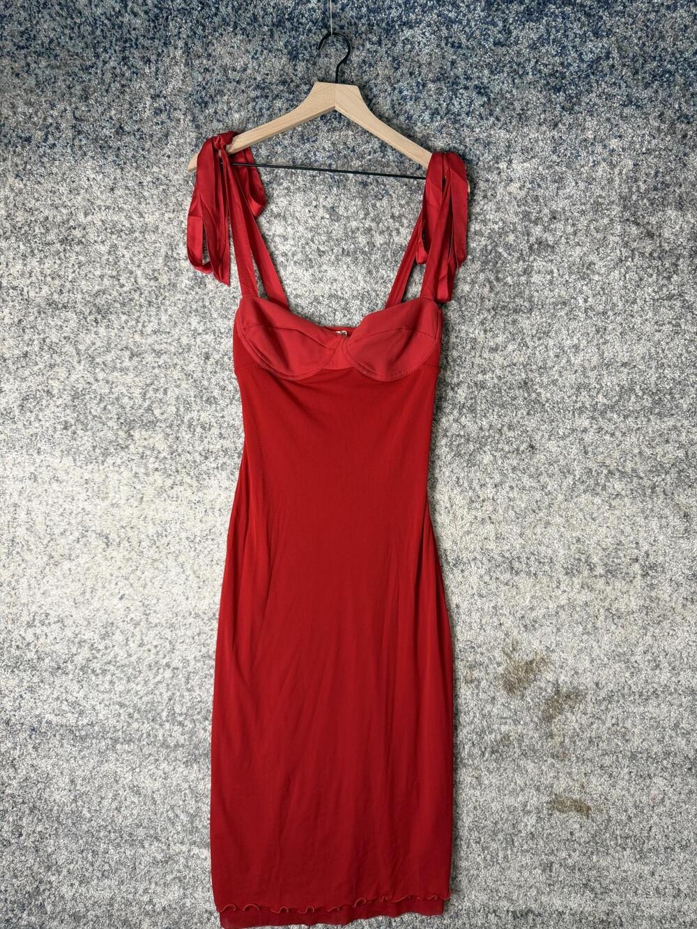 Intimately Free People Slip Dress Womens Medium Red Jersey Ruffle Tie Strap
